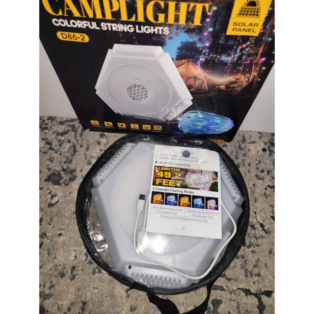 Camplight D86-2 Solar String Lights 49.2ft RGB LED Camping Lantern Power Bank